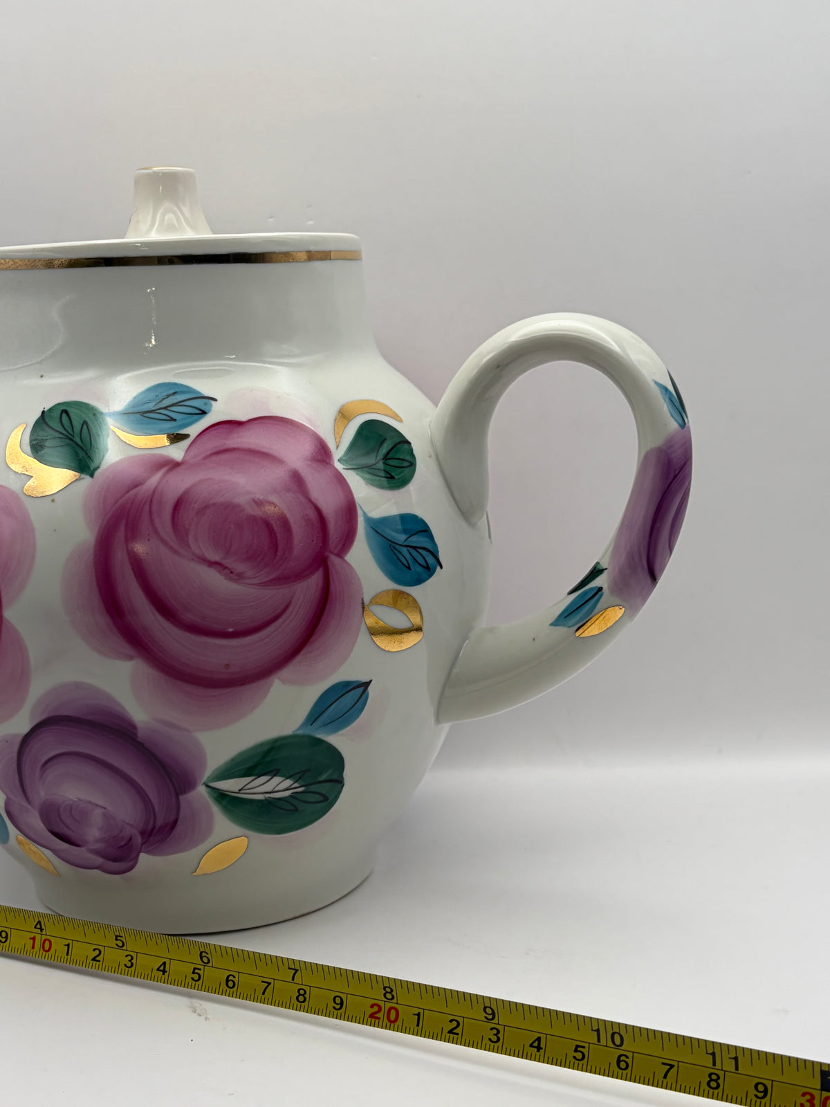Ceramic Tea Pot Floral Rose White Pink Purple Gold Trim Lid Handle 4 Cup
