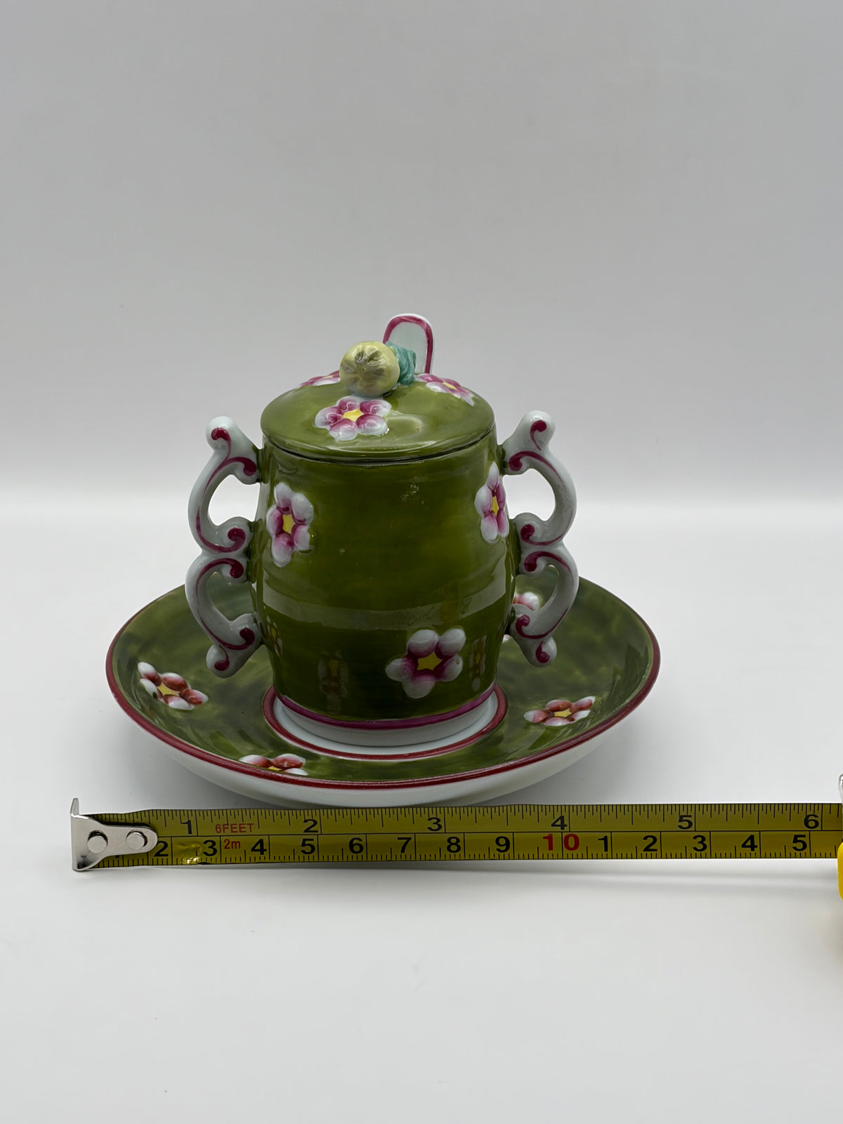 Floral Green Ceramic Cup & Saucer Set w/ Lid & Spoon 4 oz Made in Italy