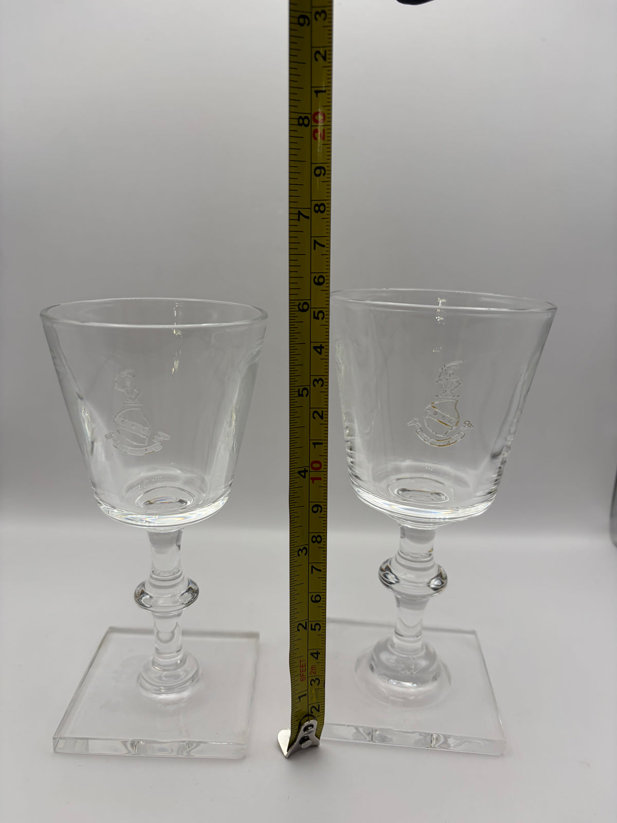 Steuben Clear Etched Santa Wine Glasses Set of 5 Square Base 10 oz 6 in