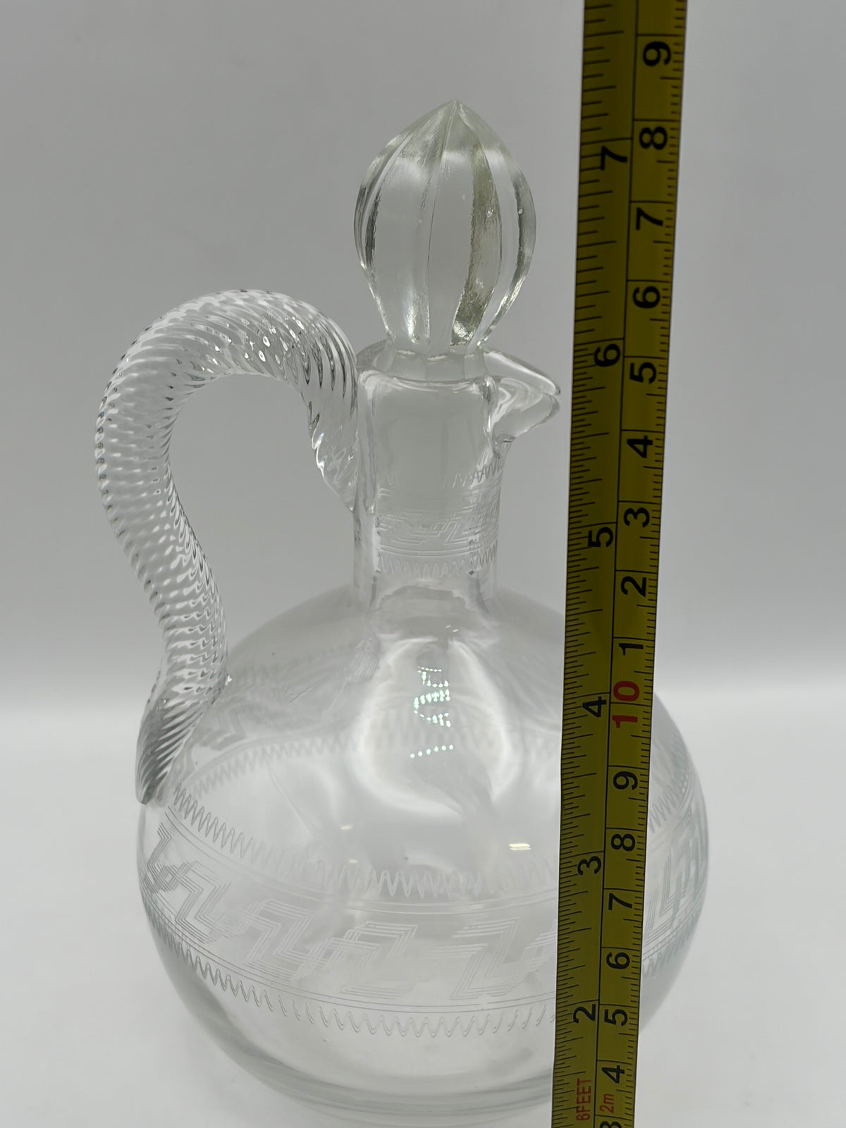 Clear Glass Geometric Round Decanter w/ Stopper & Handle, 8.5" x 5"
