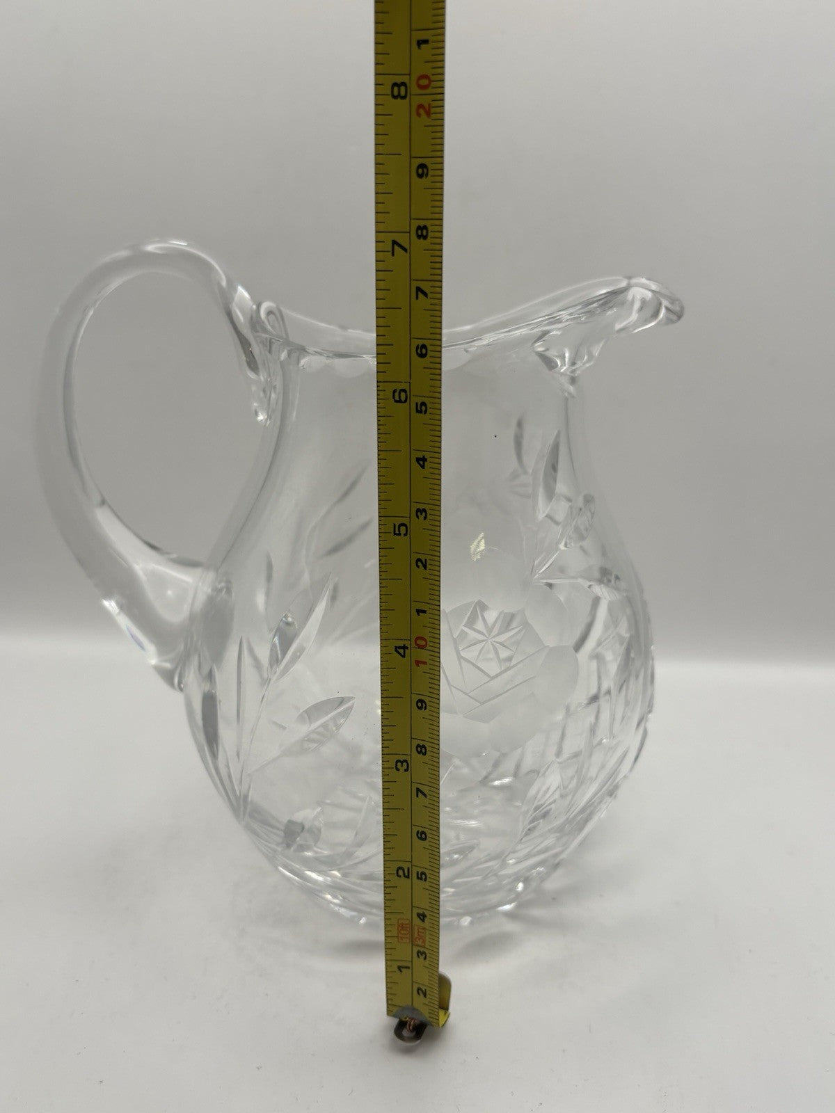 Vintage Cut Glass Crystal Pitcher with A Frosted Floral Design 7" Tall