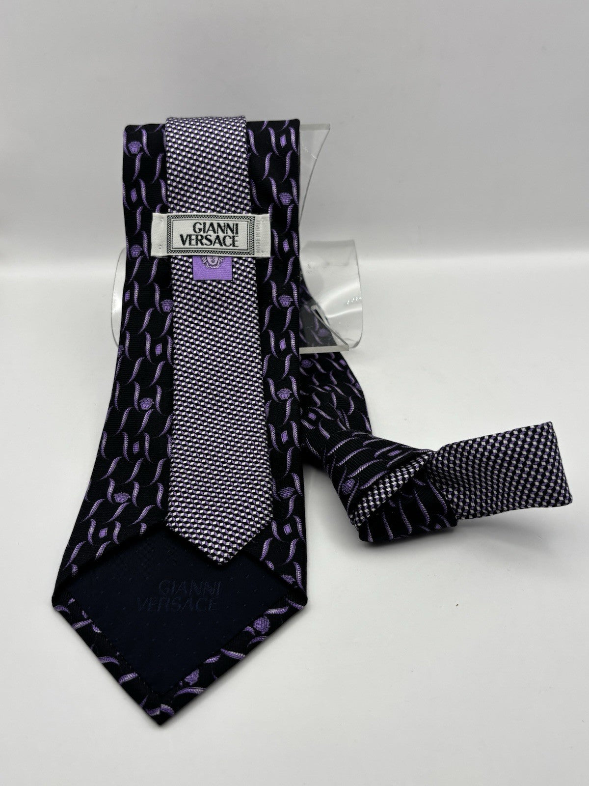 Versace Silk Tie Geometric Pattern Purple and Black Medusa Head Motif Italy