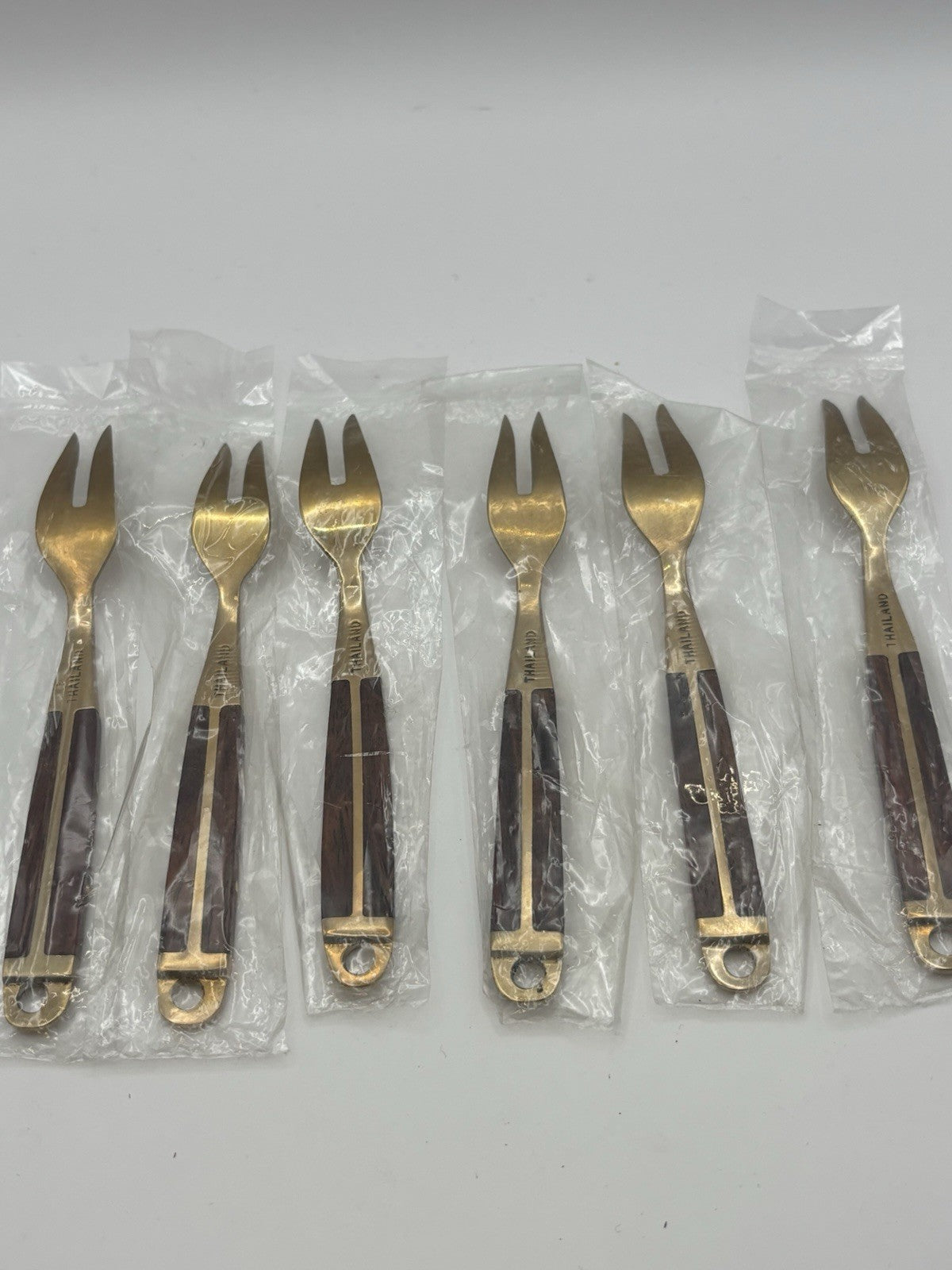 6 Hors D' Oeuvres Forks Thailand Wood/Brass Handle Stainless Steel Vintage