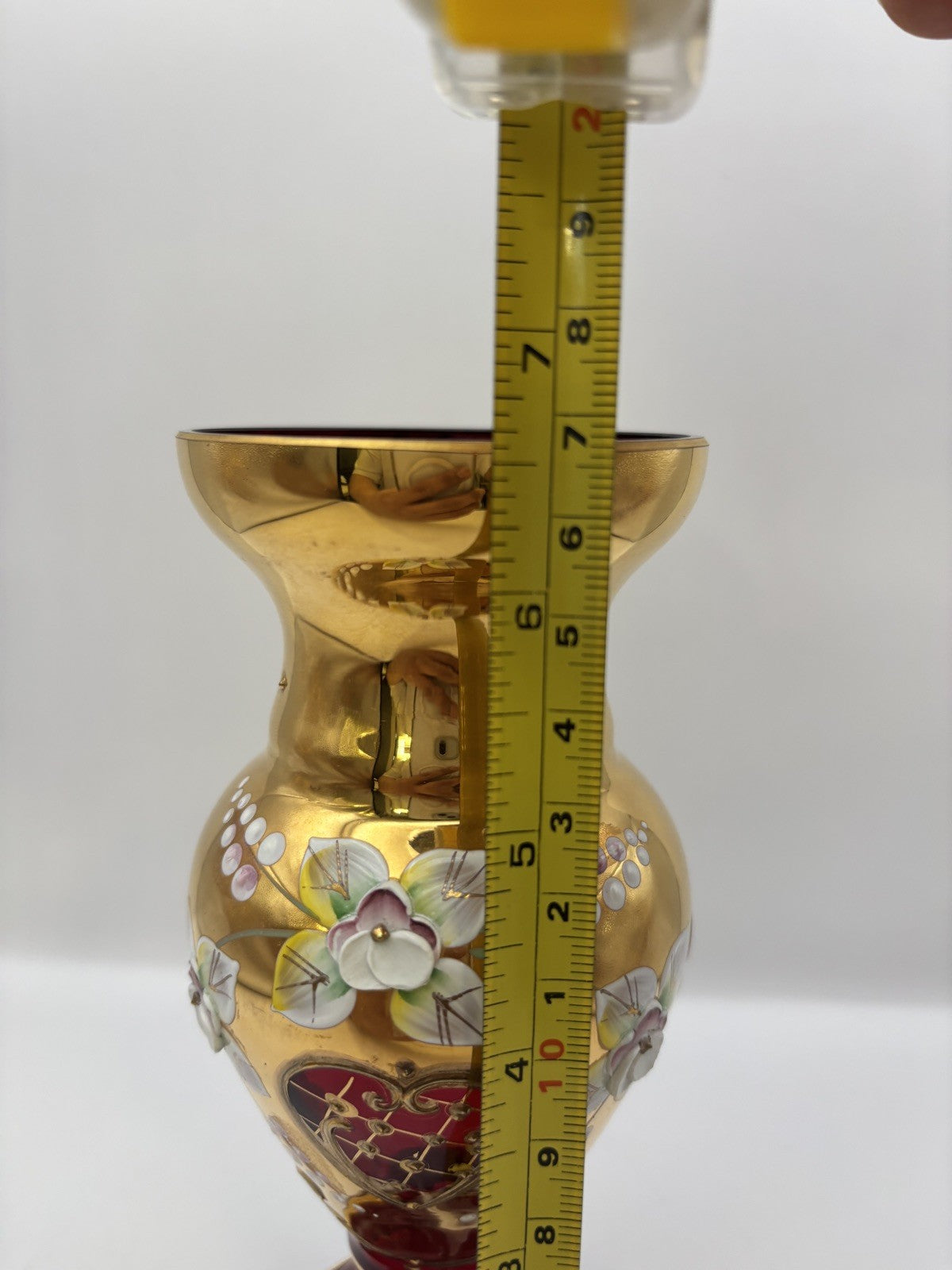 CZECH BOHEMIAN CRYSTAL RUBY RED VASE GILDED RAISED ENAMEL 6.3”