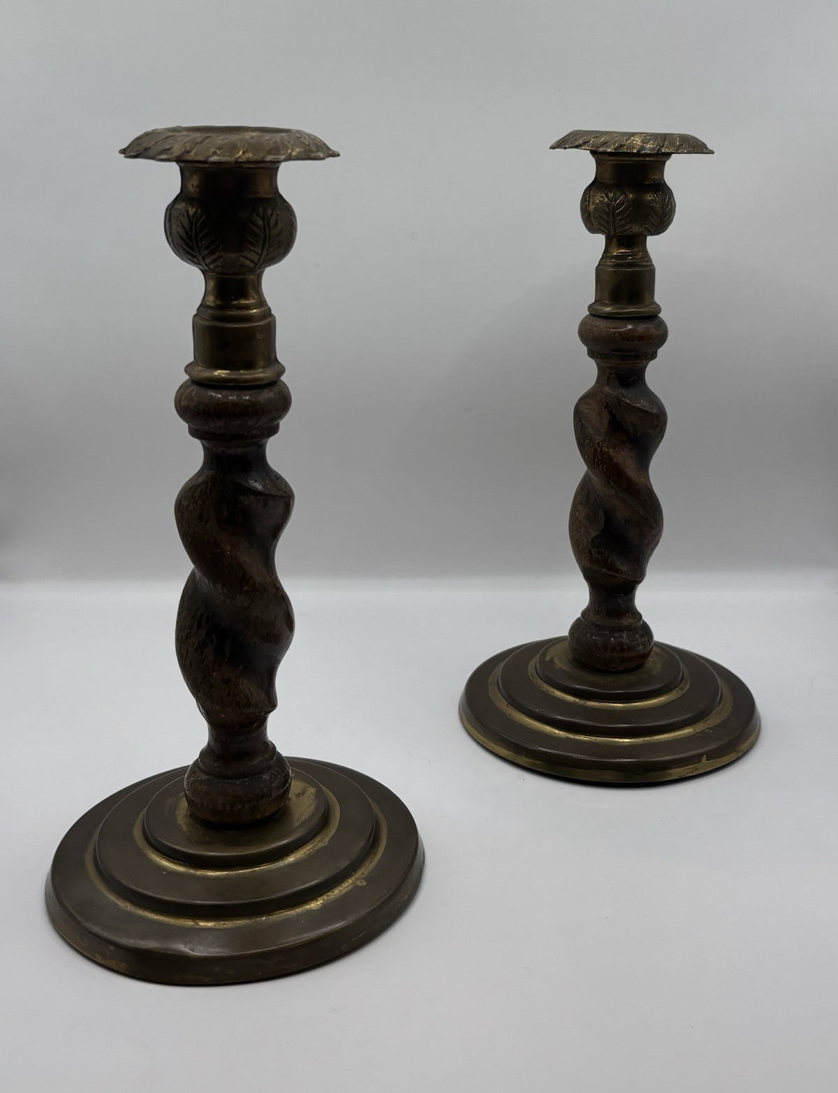 1800s Antique Barley Twist and Brass English Candlesticks Pair