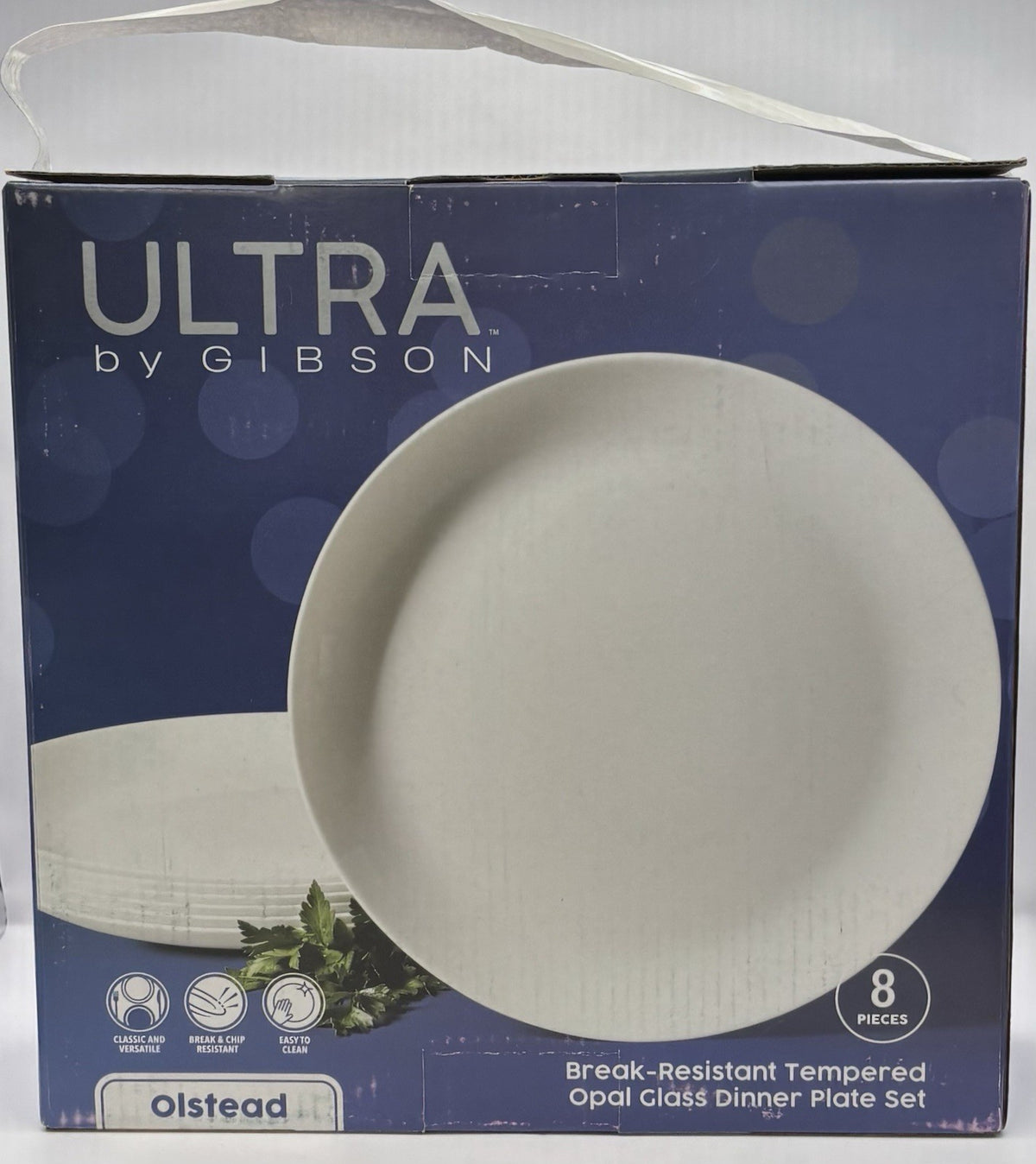 Ultra by Gibson Olstead 8-piece Opal Glass Dinner Plate Set. New In Box