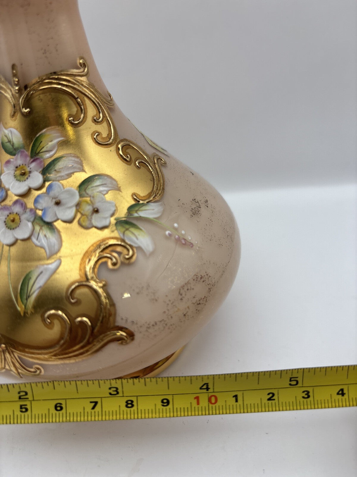 Vintage Czech Bohemia Glass Decanters rose Gold with Enameled 3D Flowers Set 2