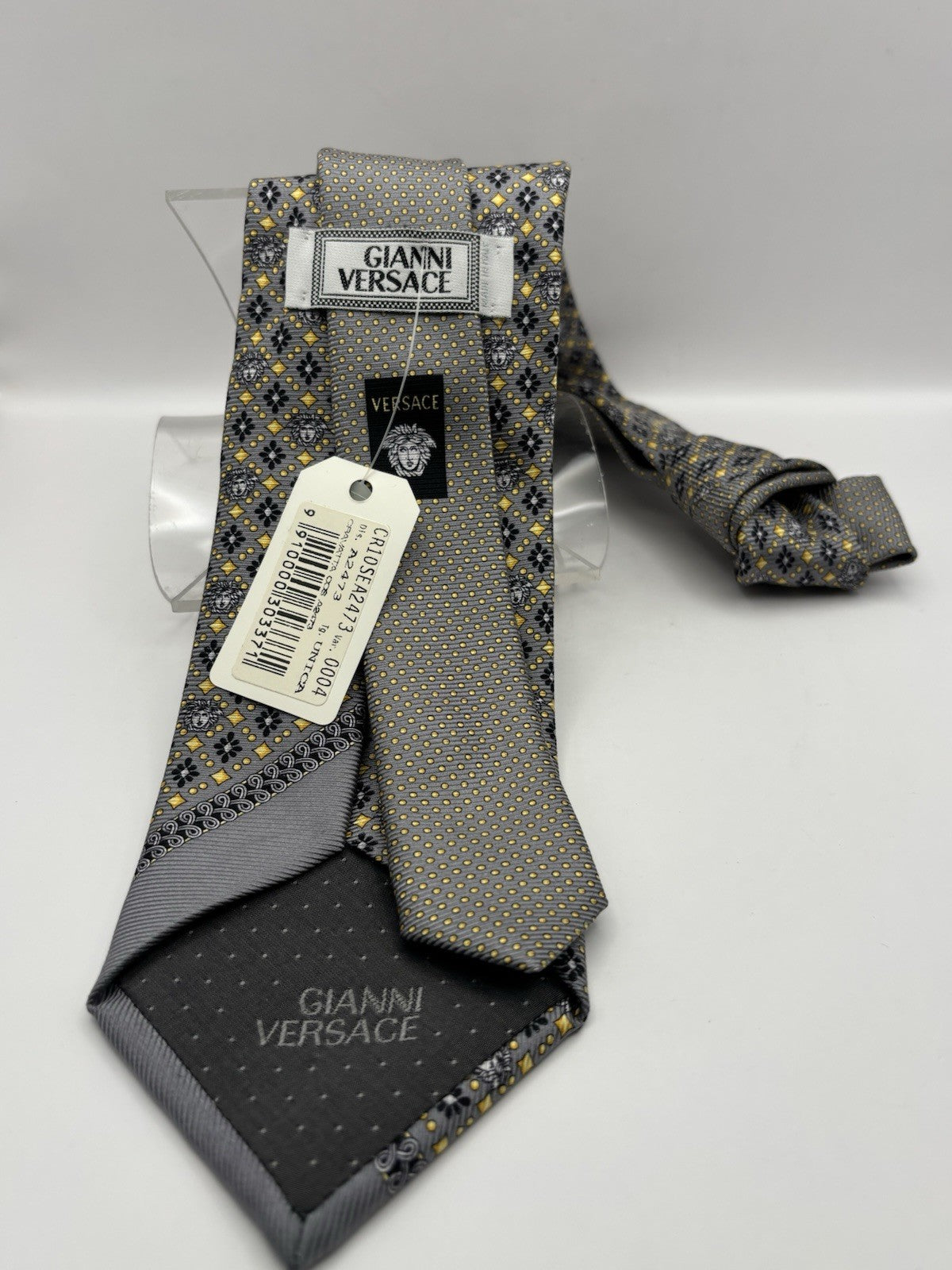 Gianni Versace Tie 100% Silk Grey and Gold Medusa Head Pattern Men's Necktie