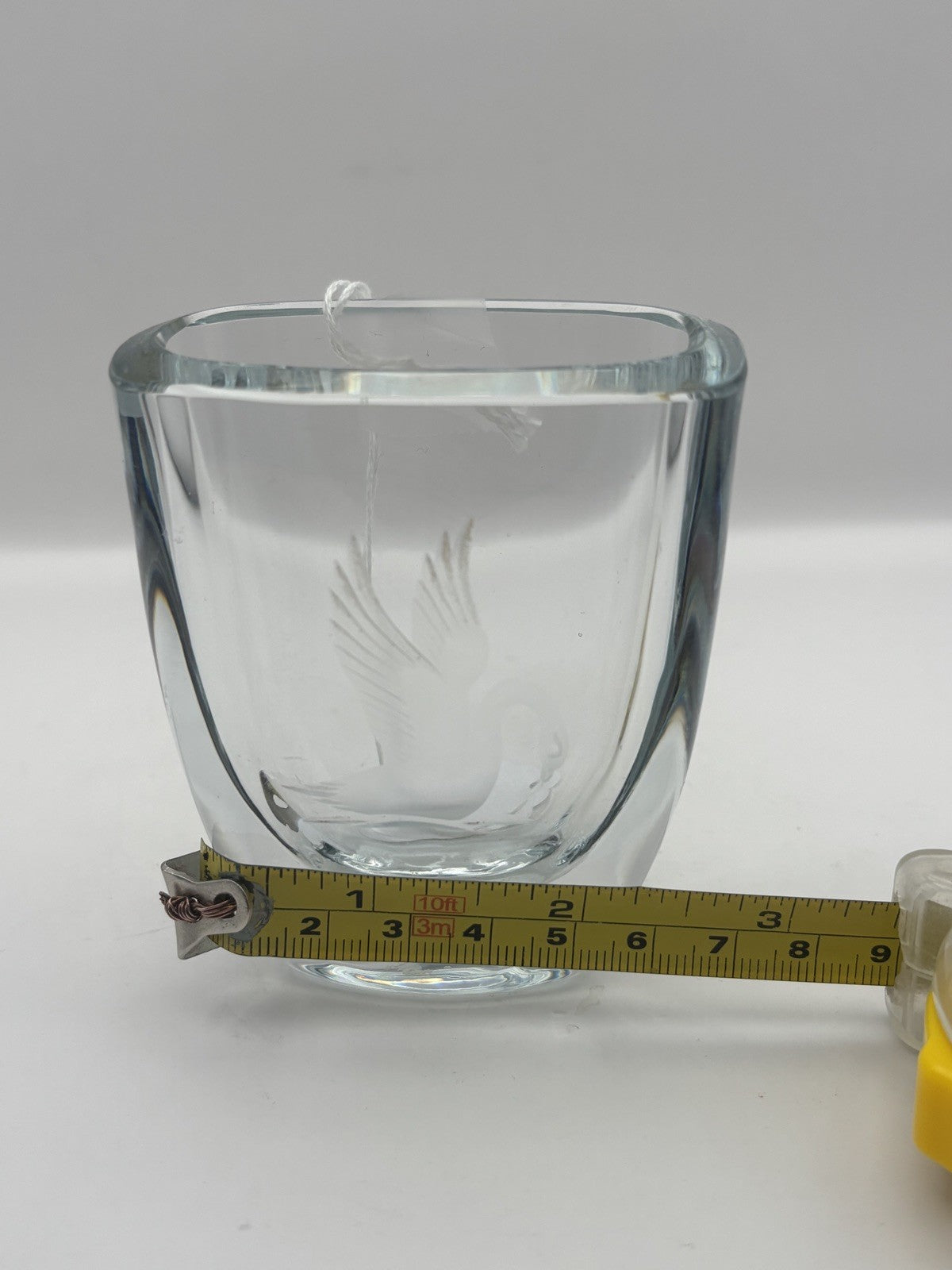 Strombergshyttan Art Glass Vase Intaglio Carved Swan Figure signed 3.4” tall