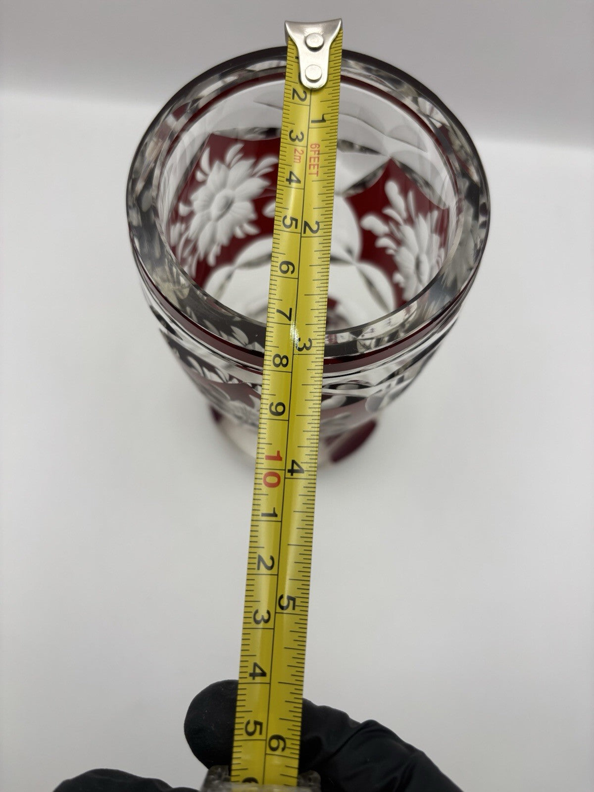 Vintage Bohemian ruby red cut-to-clear glass vase 5.8”