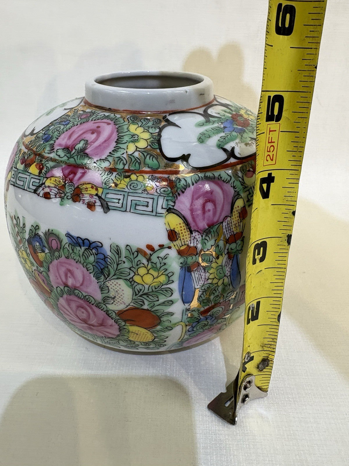 Vintage Rose Medallion Porcelain Vase: Hand-Painted Chinoiserie Canton Jar