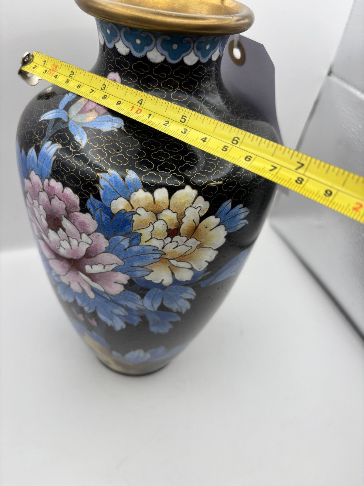 Vintage Grey & Pink Chinese Cloisonné Flower Vase Floral Asian Enamel On Copper