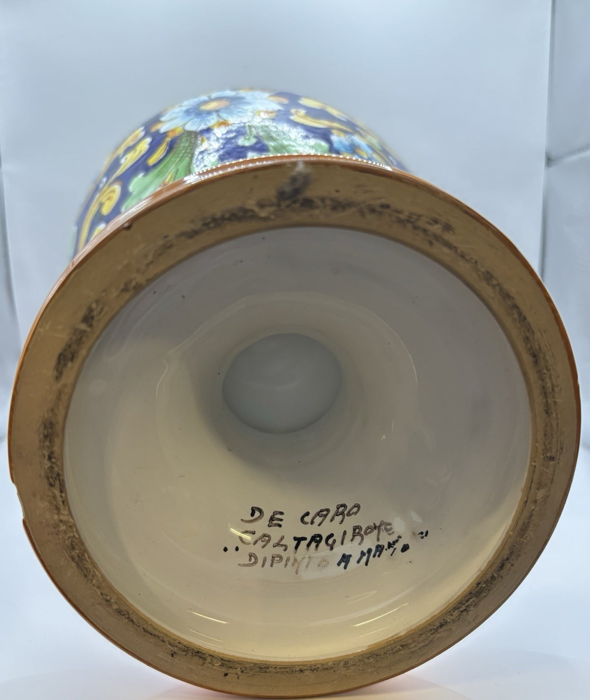Italian Pottery de Caro Caltagiroye Dipinto A Mano Hand Painted Vase Signed 14”