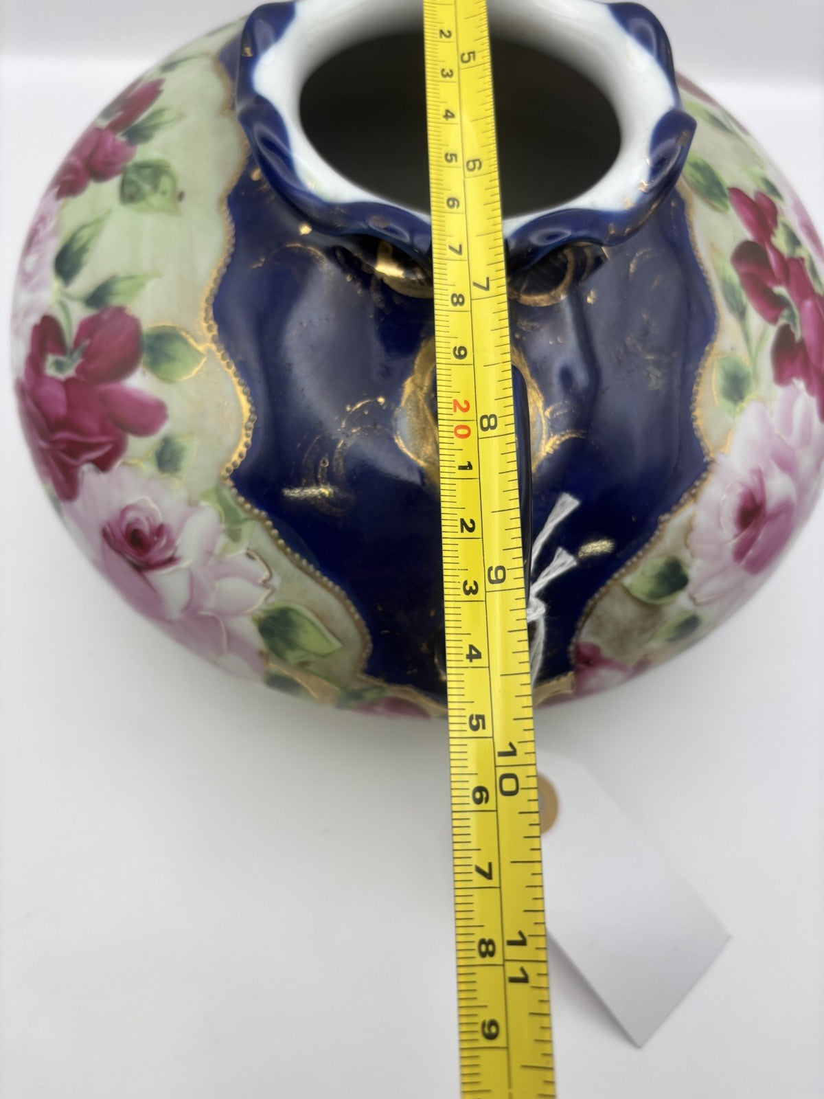 Nippon Porcelain Cobalt Center Piece Vase Hand Painted Flowers 4” Inches Tall