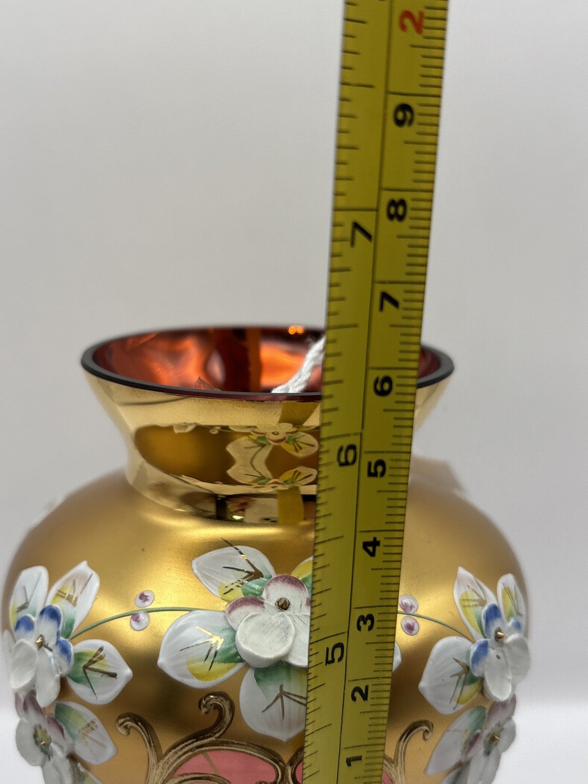 Vintage Bohemia Czech Crystal Flower Vase Gold Gilded Floral Hand Painted 5.7”