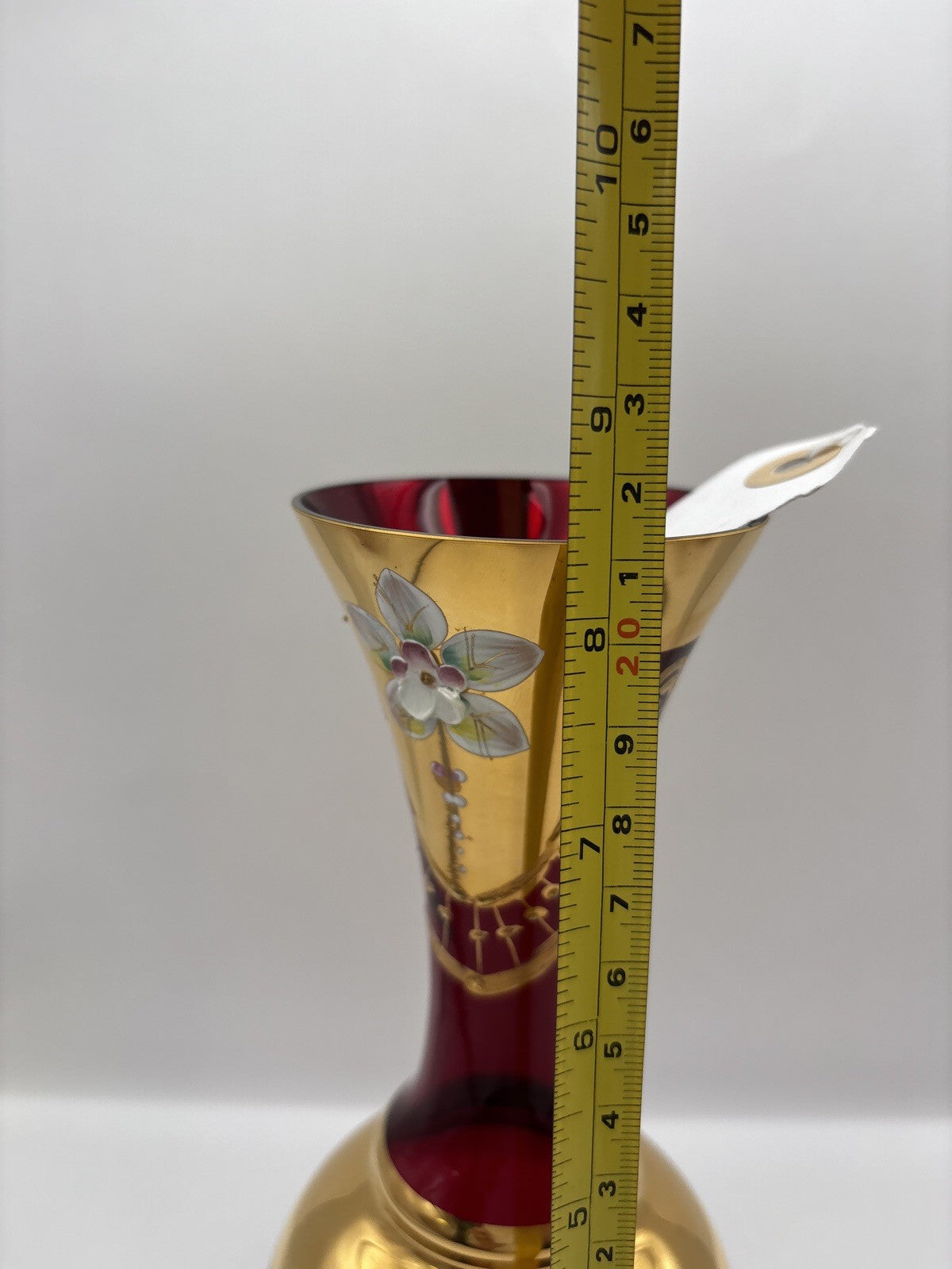 BEAUTIFUL CRYSTAL RUBY RED VASE GILDED RAISED ENAMEL MADE IN CZECH BOHEMIA