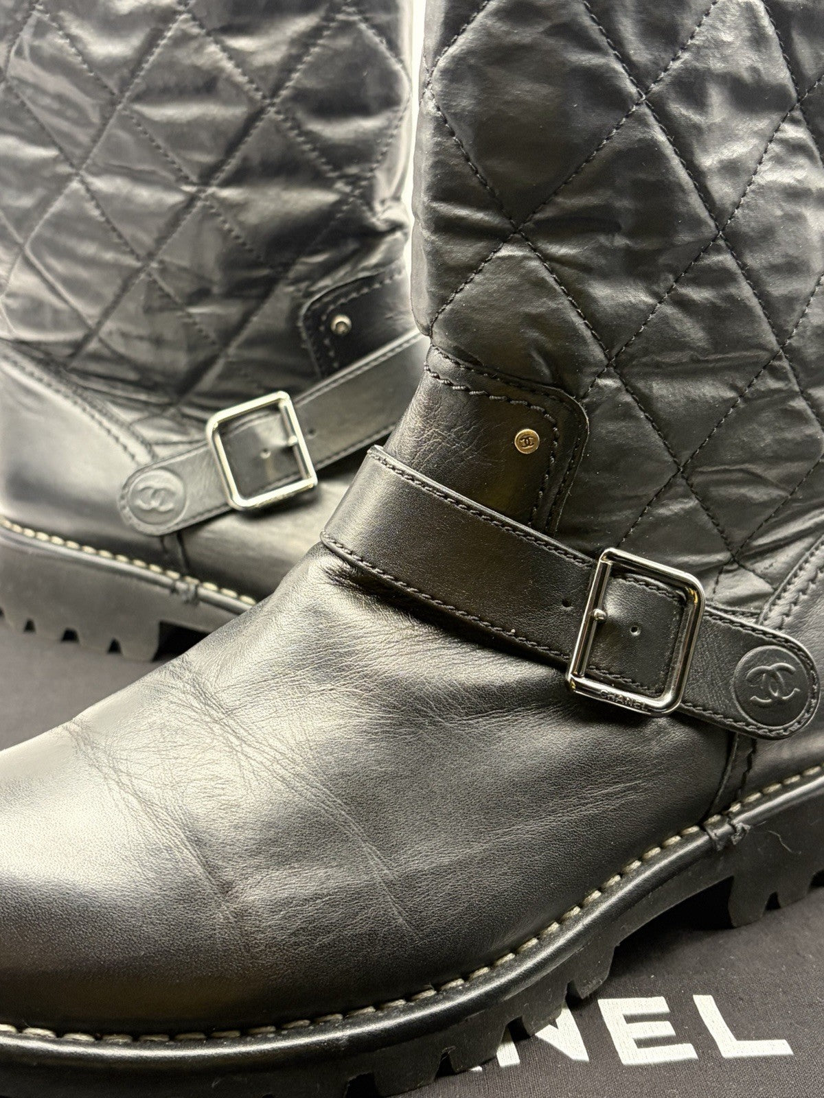 CHANEL CC Logo Quilted Black Leather Moto Biker Combat Boots Size 39