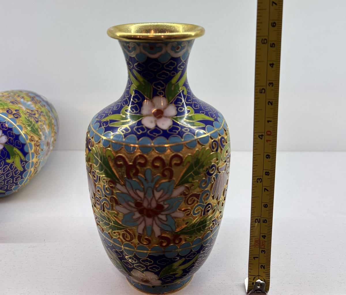 Vintage Chinese Cloisonne Vase enamel Floral Mirrored Design 6.7”