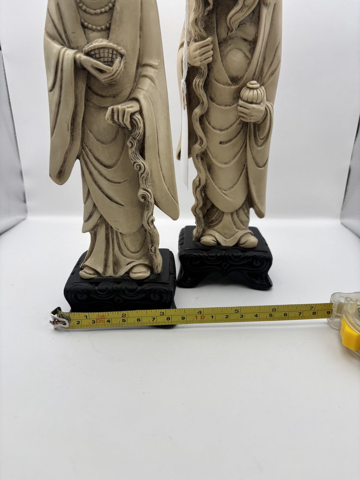 Pair of Carved Chinese Figures On Wood Base 10.6”