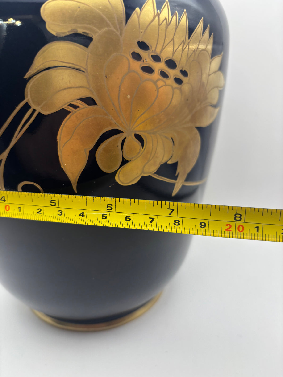 Vtg Large Porcelain Pottery Vase Deep Cobalt Blue w/Gold Flowers Made In Romania