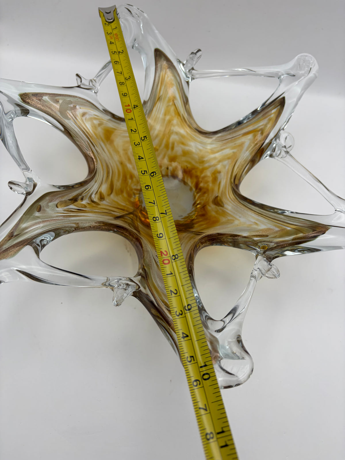Clear & Amber Swirl Art Glass Star Decorative Bowl Hand Blown 10" Dia 3" H