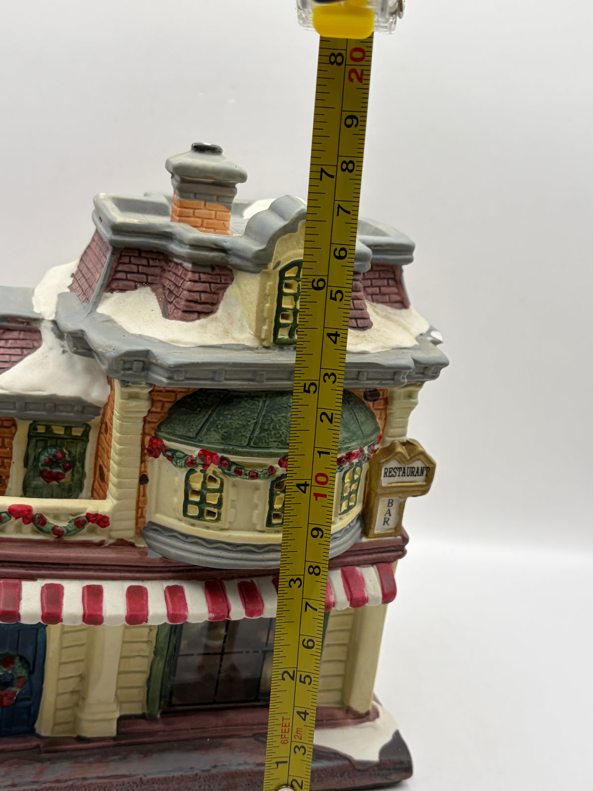 Ceramic Christmas Village Restaurant/Bar House Building, Painted Snow, 8in Tall