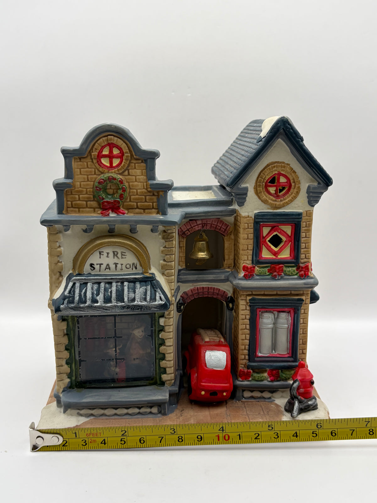 Ceramic Holiday Village Fire Station House Building Figurine w/ Red Truck 7in