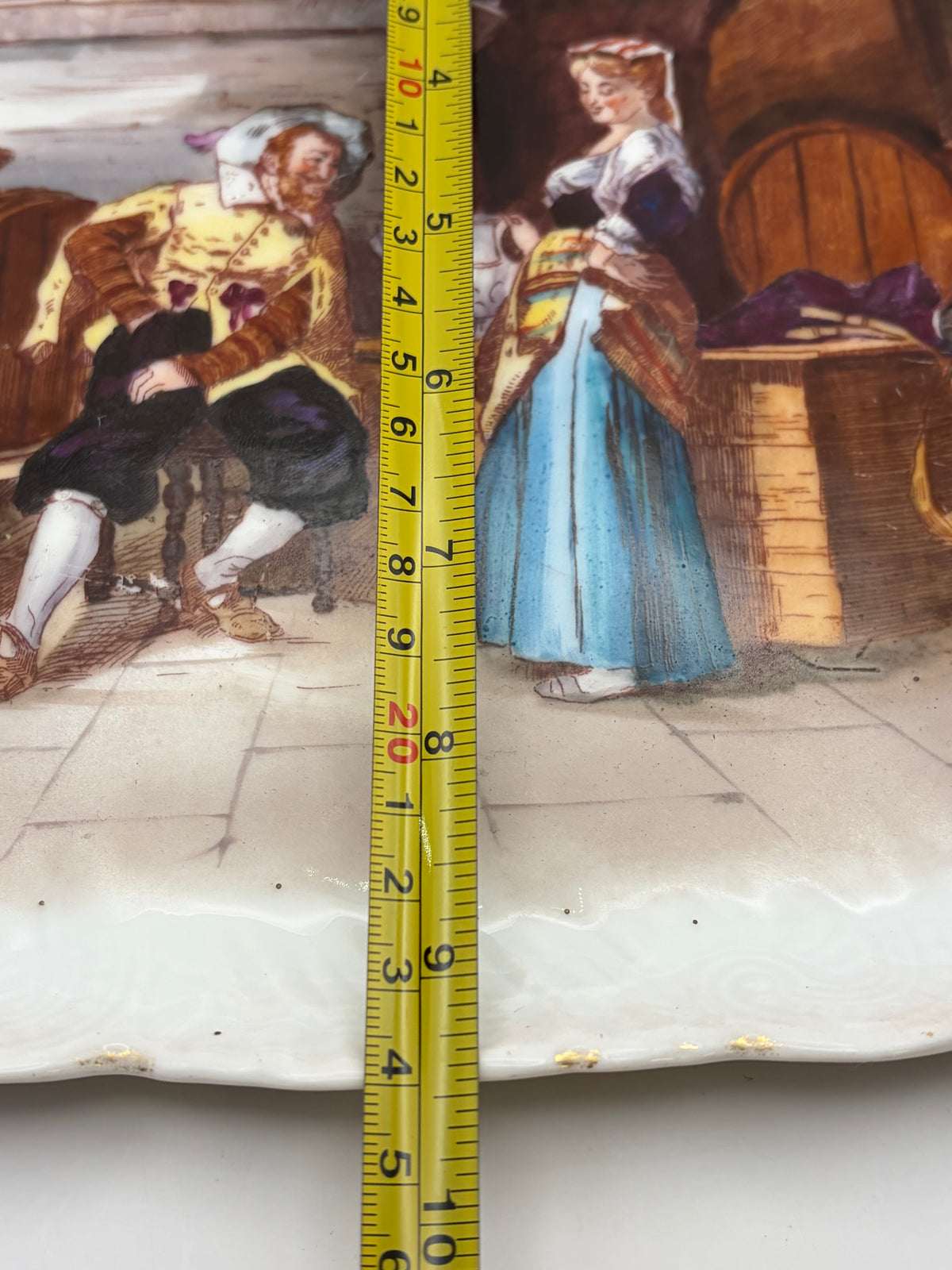 Limoges Porcelain Rectangle Serving Tray Painted Tavern Scene Gold Trim