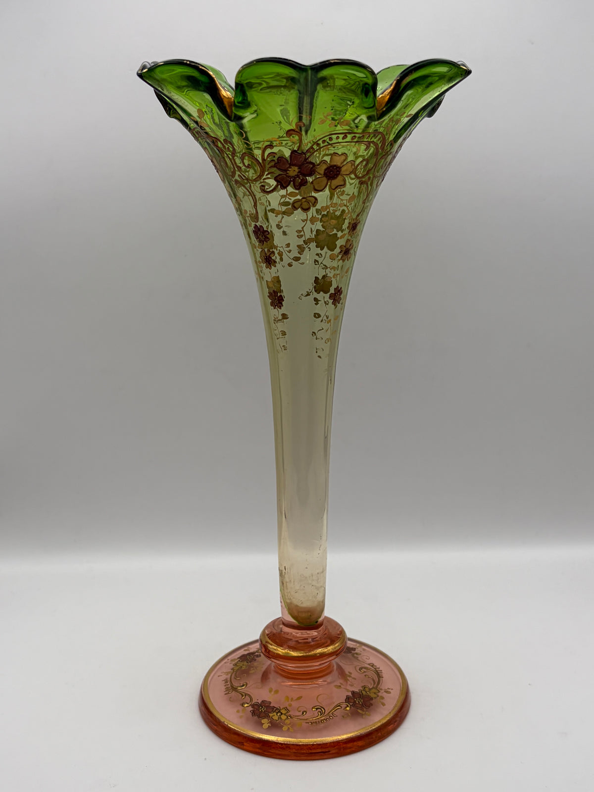 Hand Painted Floral Glass Trumpet Vase Green & Pink Flared Scalloped Rim 11"