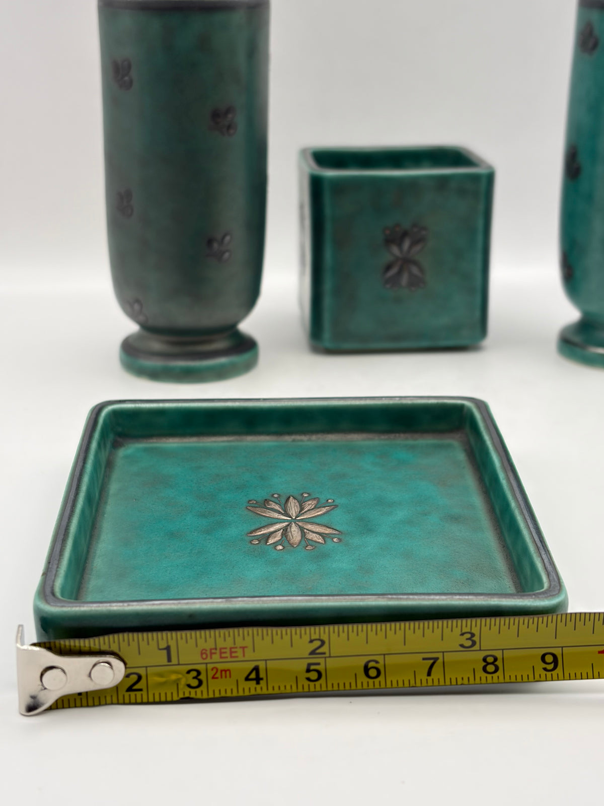 Gustavsberg Argenta Green Ceramic Floral Vase & Tray Set 3-Piece 1958