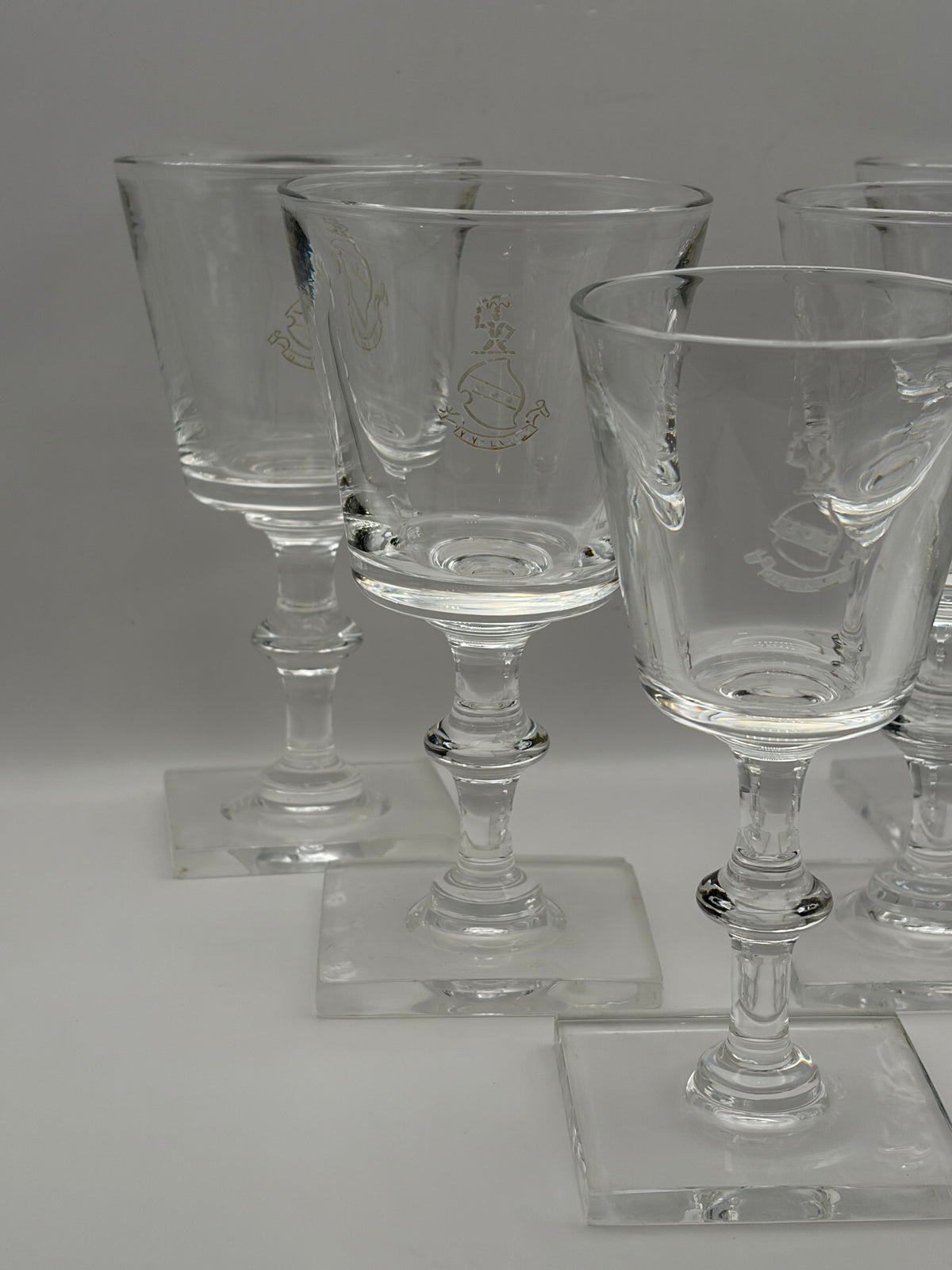 Steuben Clear Etched Santa Wine Glasses Set of 5 Square Base 10 oz 6 in
