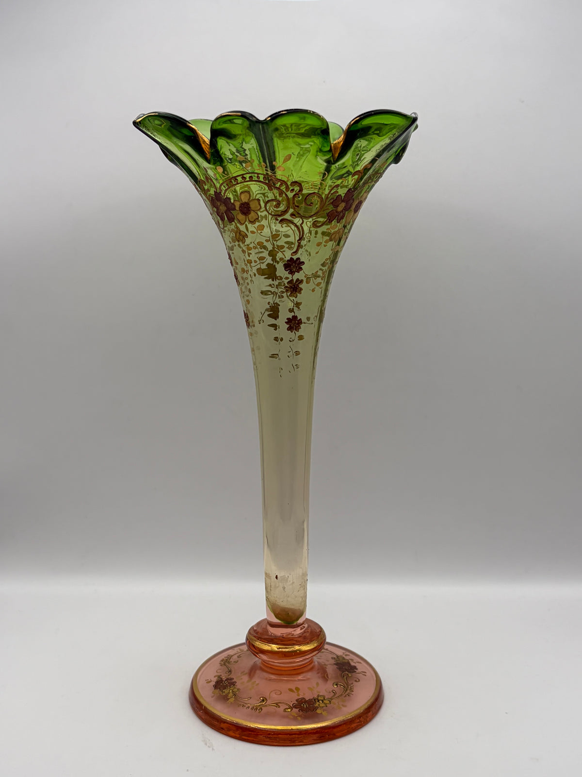 Hand Painted Floral Glass Trumpet Vase Green & Pink Flared Scalloped Rim 11"
