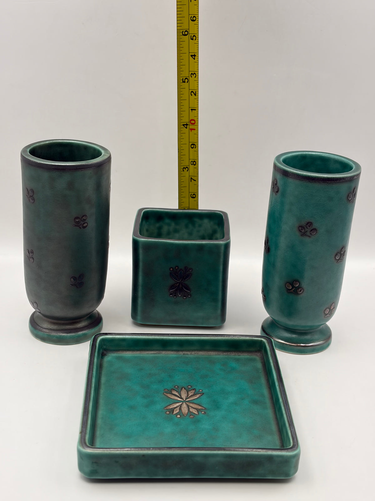 Gustavsberg Argenta Green Ceramic Floral Vase & Tray Set 3-Piece 1958