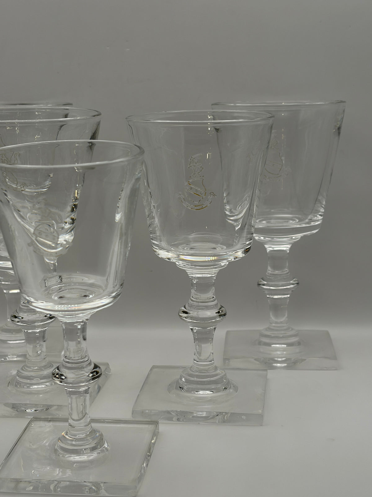Steuben Clear Etched Santa Wine Glasses Set of 5 Square Base 10 oz 6 in