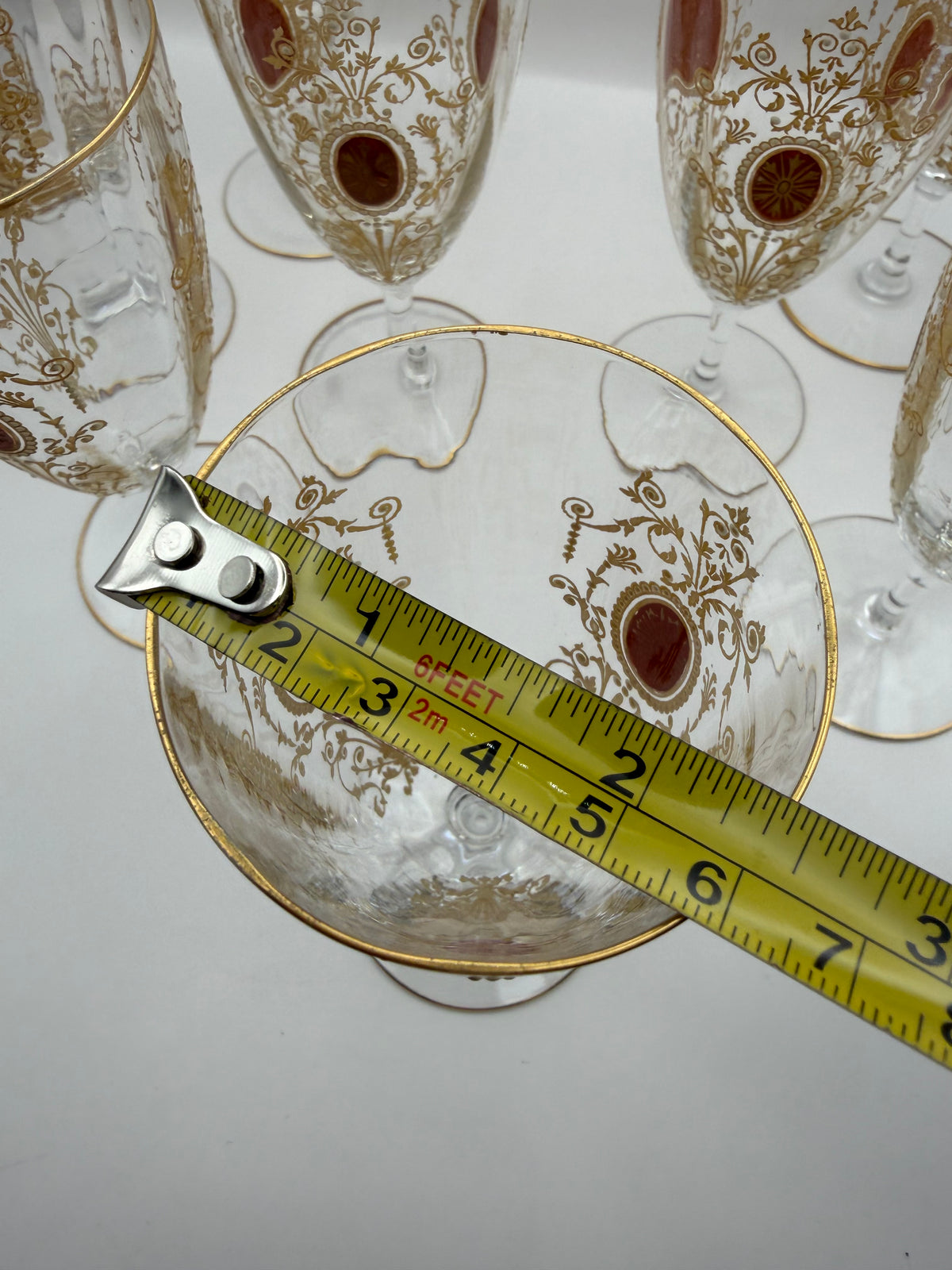 Bohemian Set of 9 Stemmed Wine Glasses Clear Gold Rim Floral Scroll Red Medallion