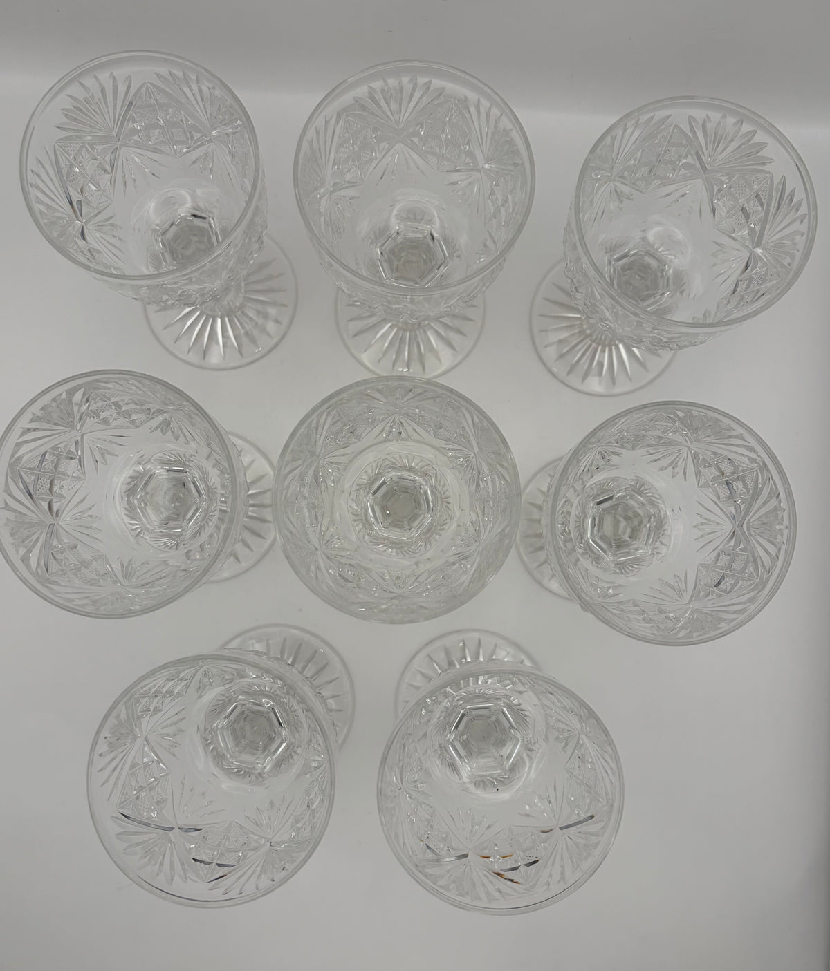 Set of 8 Clear Cut Glass Starburst Wine Glasses/Goblets Stemware 6 in