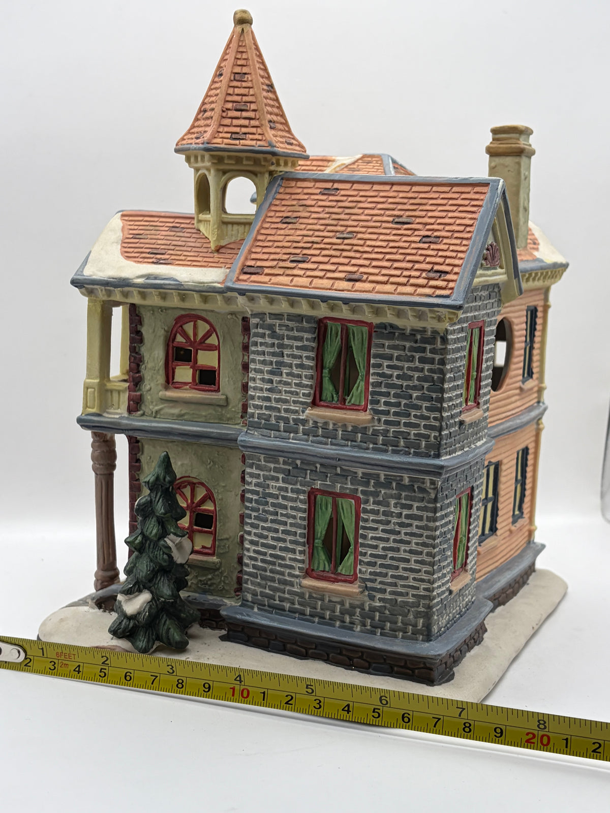Victorian Christmas Village House Figurine, Ceramic Porcelain, Painted, 9x8"