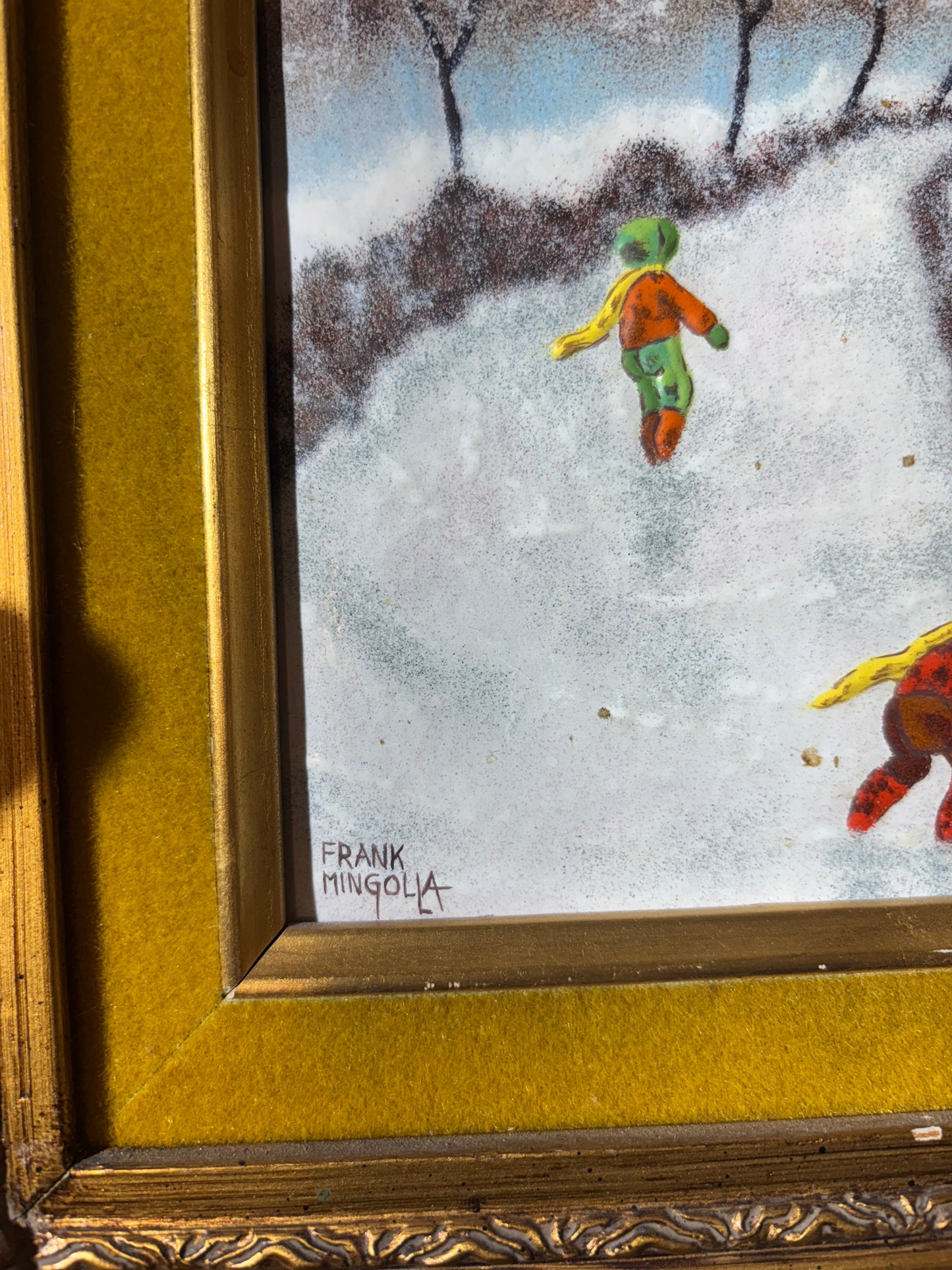 Kids in snow painting, signed Frank mingolla