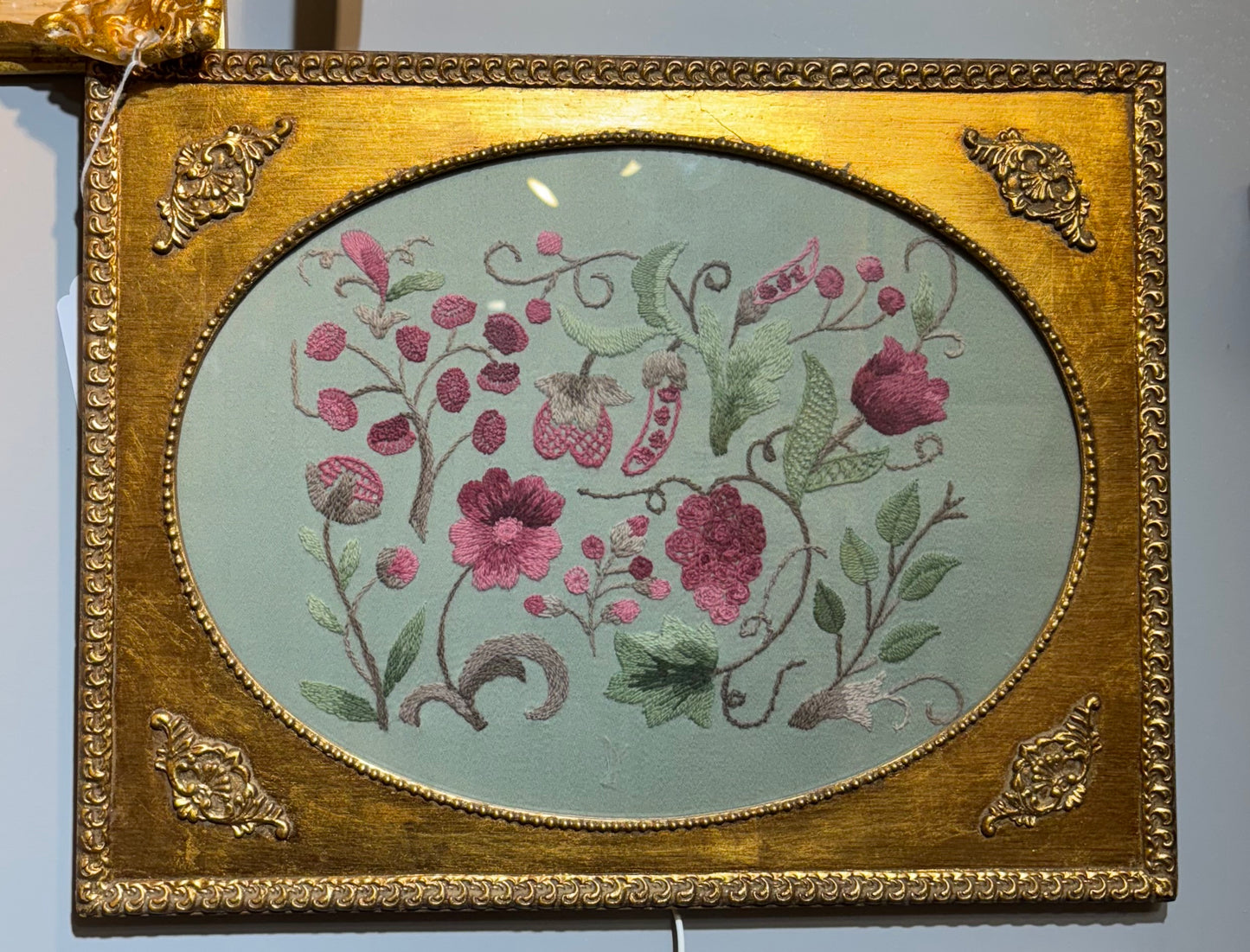 Williams Crewel Embroidery Floral pillow in a Frame