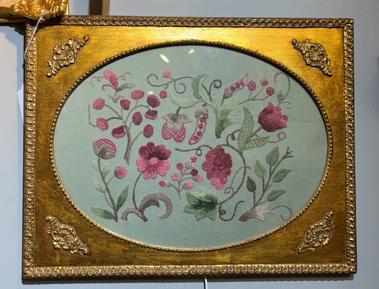 Williams Crewel Embroidery Floral pillow in a Frame