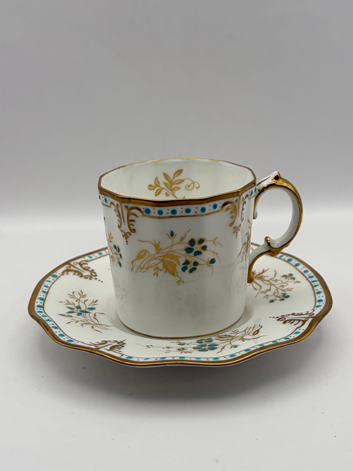 Royal Crown Derby Normandie Bone China Cup & Saucer 8 oz White Gold Blue A114