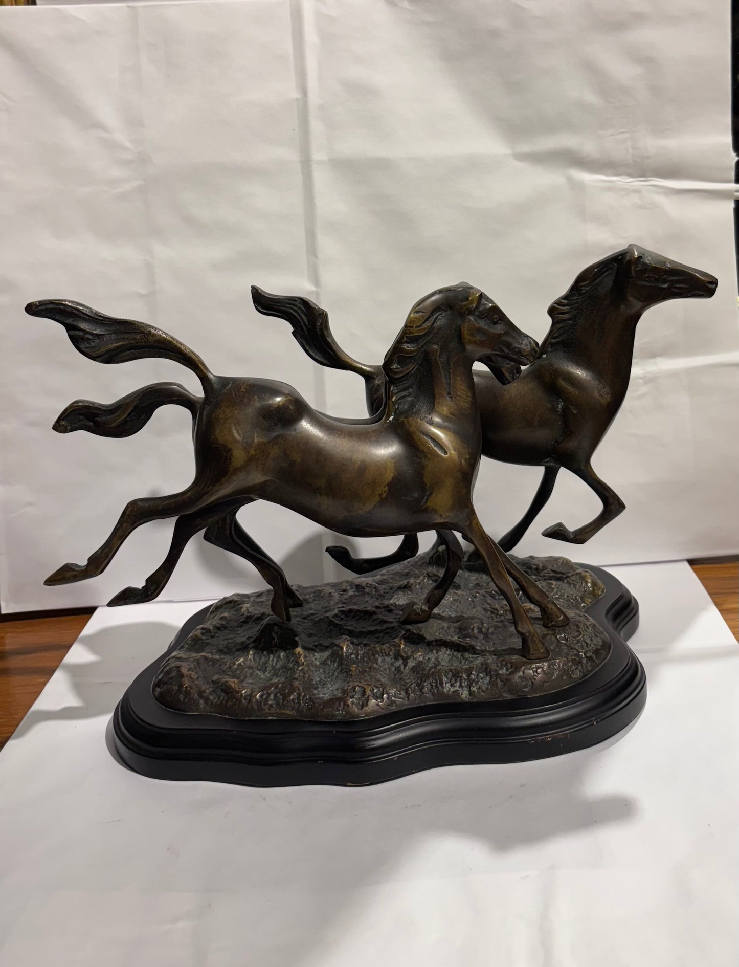 3 Galloping Horses bronze Statue - Wood Base sculpture - Heavy