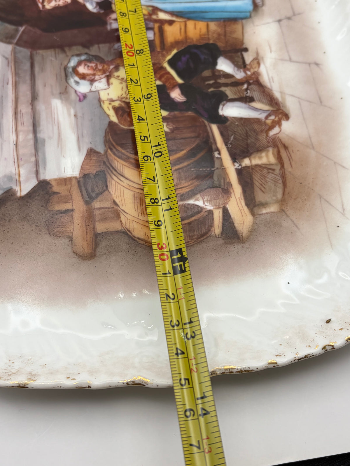 Limoges Porcelain Rectangle Serving Tray Painted Tavern Scene Gold Trim