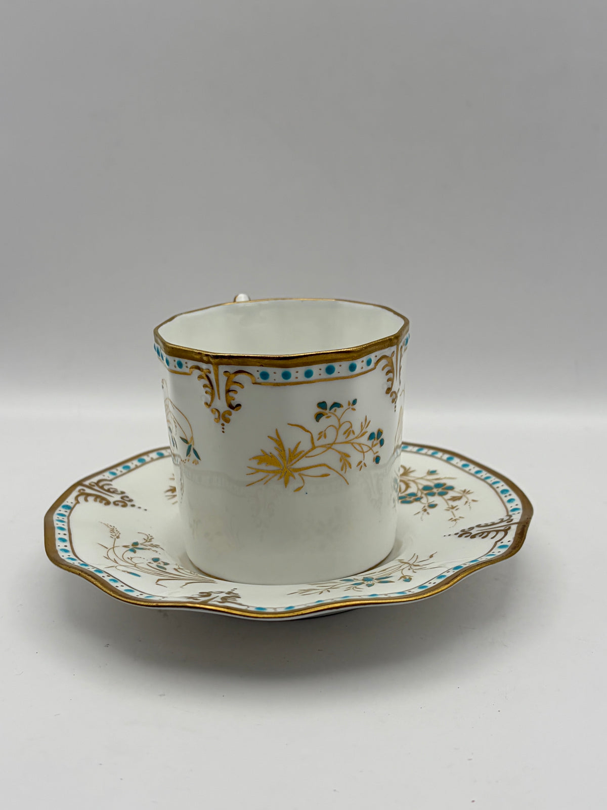 Royal Crown Derby Normandie Bone China Cup & Saucer 8 oz White Gold Blue A114
