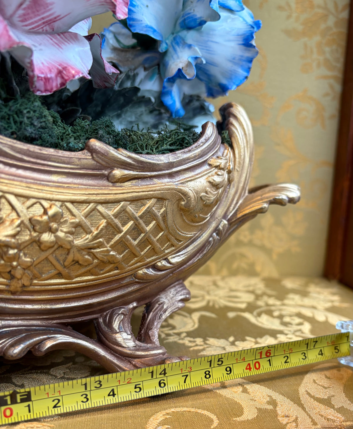 Gold-Tone Metal Floral Centerpiece Bowl w/ Pink/Blue/White ceramic Flowers