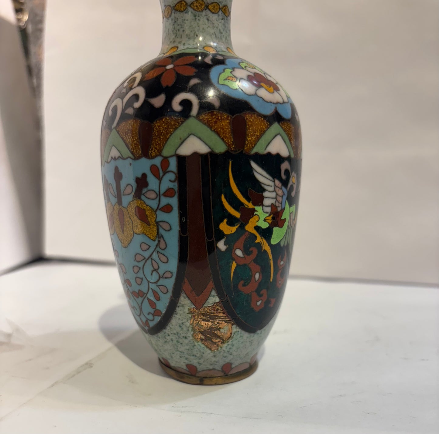 Fine Japanese Meiji Ginbari Cloisonne Enamel Dragon & Phoenix Vase 5 1/2