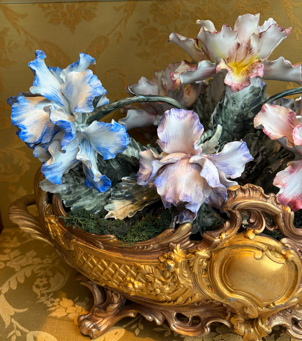 Gold-Tone Metal Floral Centerpiece Bowl w/ Pink/Blue/White ceramic Flowers