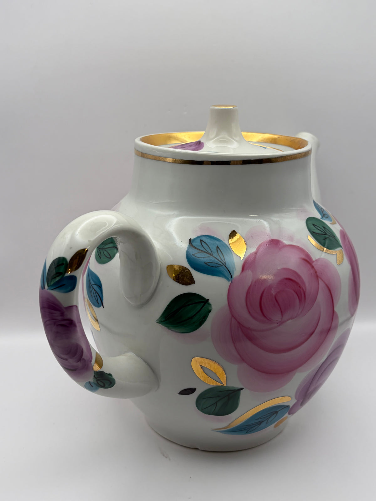 Ceramic Tea Pot Floral Rose White Pink Purple Gold Trim Lid Handle 4 Cup