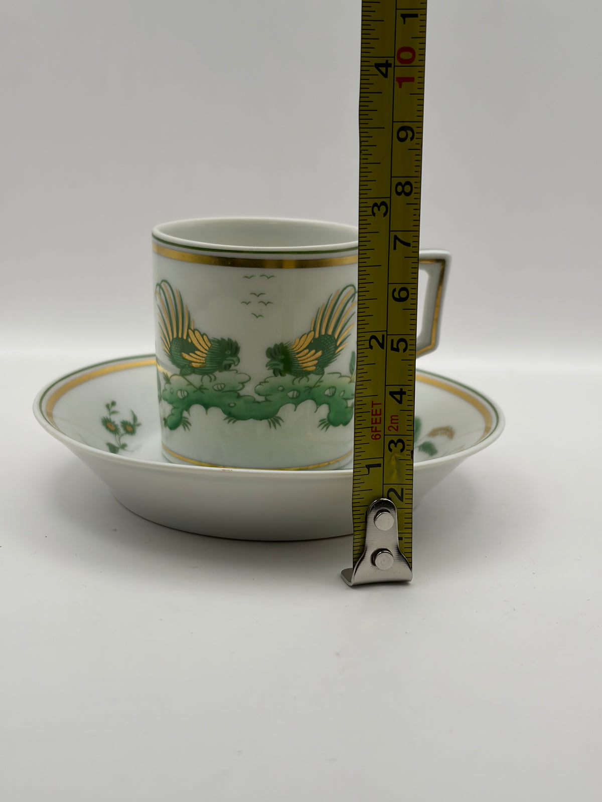 Richard Ginori Porcelain Cup & Saucer Italy White Green Gold Bird, Gold Handle