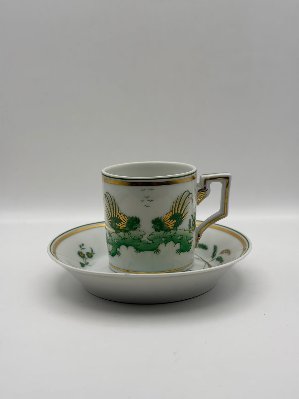 Richard Ginori Porcelain Cup & Saucer Italy White Green Gold Bird, Gold Handle